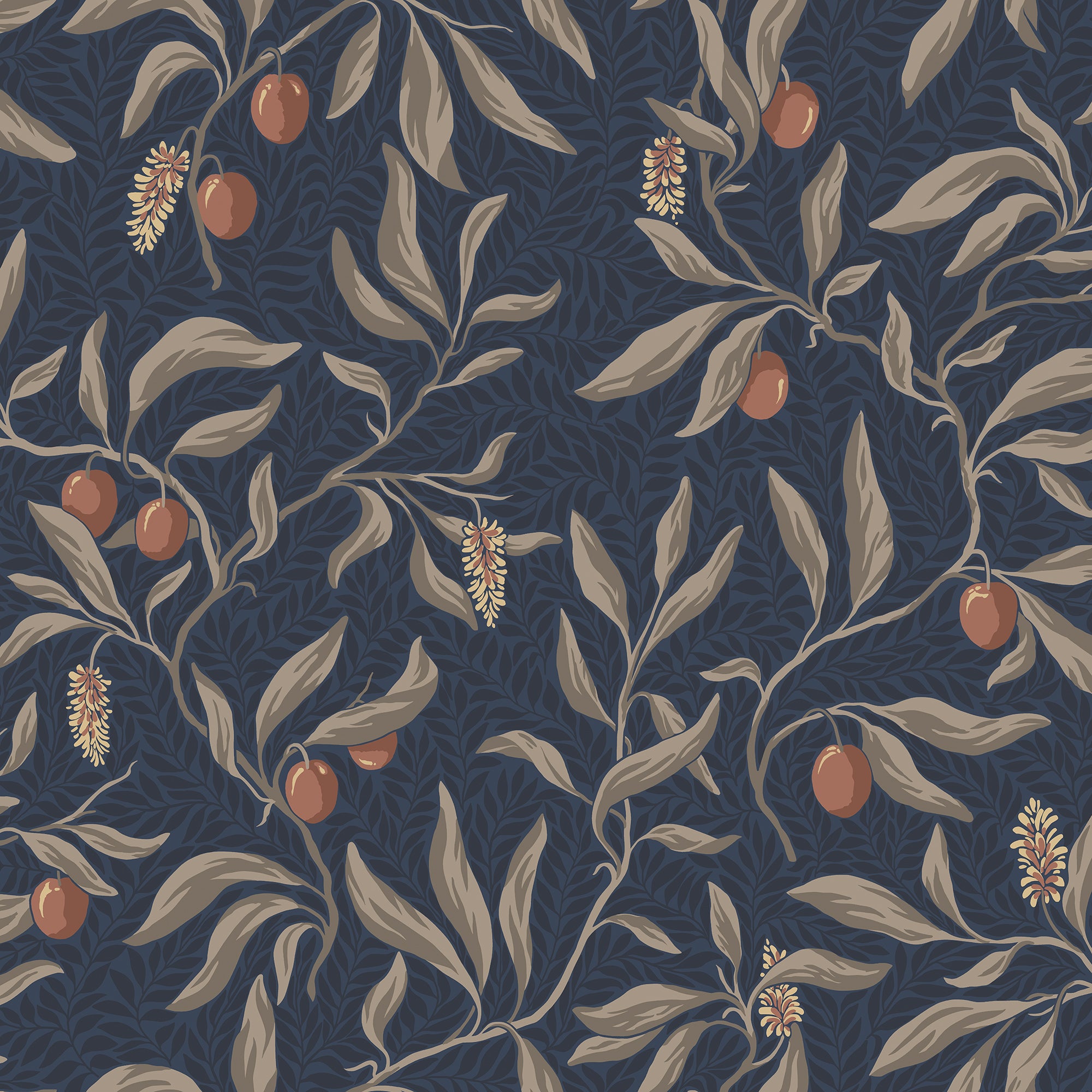 Vinnie wallpaper by Sandberg, trailing leaves and berries on a deep navy blue ground, flat swatch