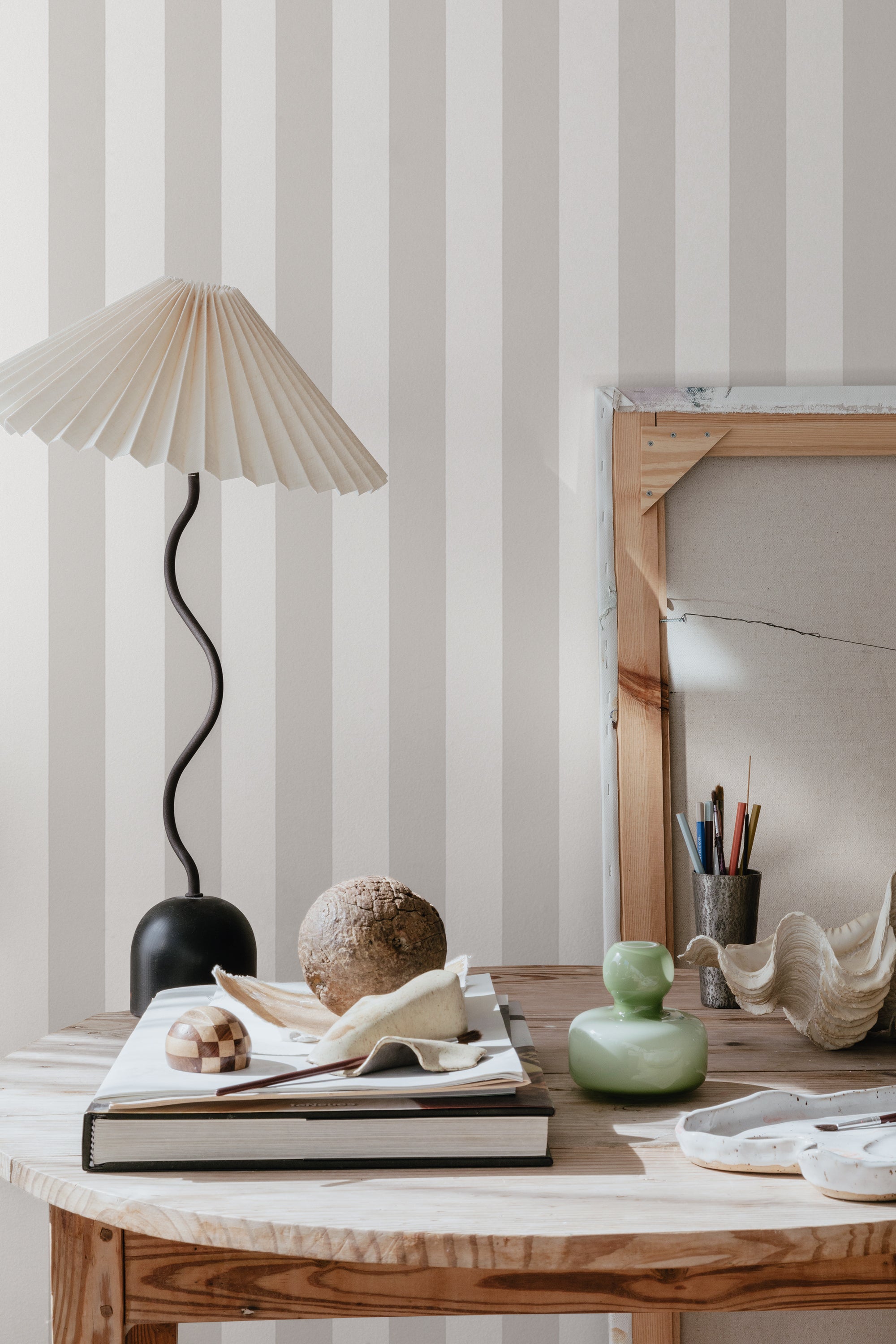Sam wallpaper by Sandberg in Clay, styled on an interior wall