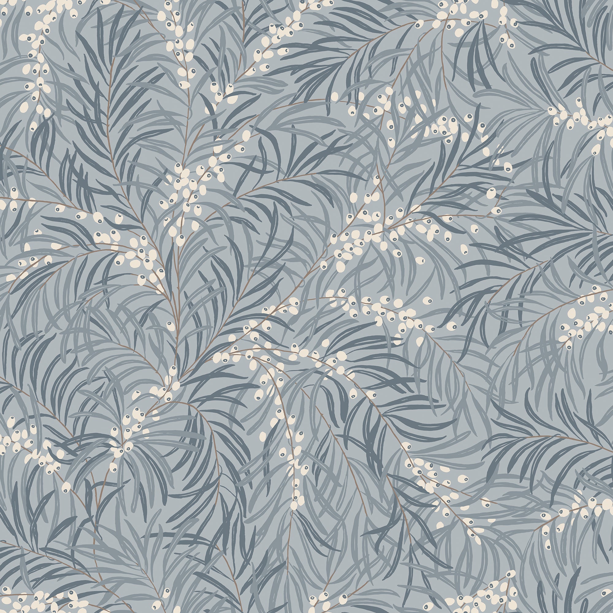 Idun wallpaper by Sandberg in dusty blue with cream berries, leafy branch botanical, flat swatch