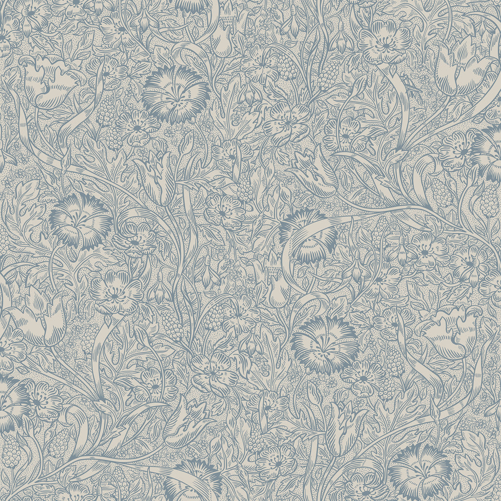 Caroline wallpaper by Sandberg, intricate dianthus and trailing floral pattern in slate blue on cream, flat roll swatch