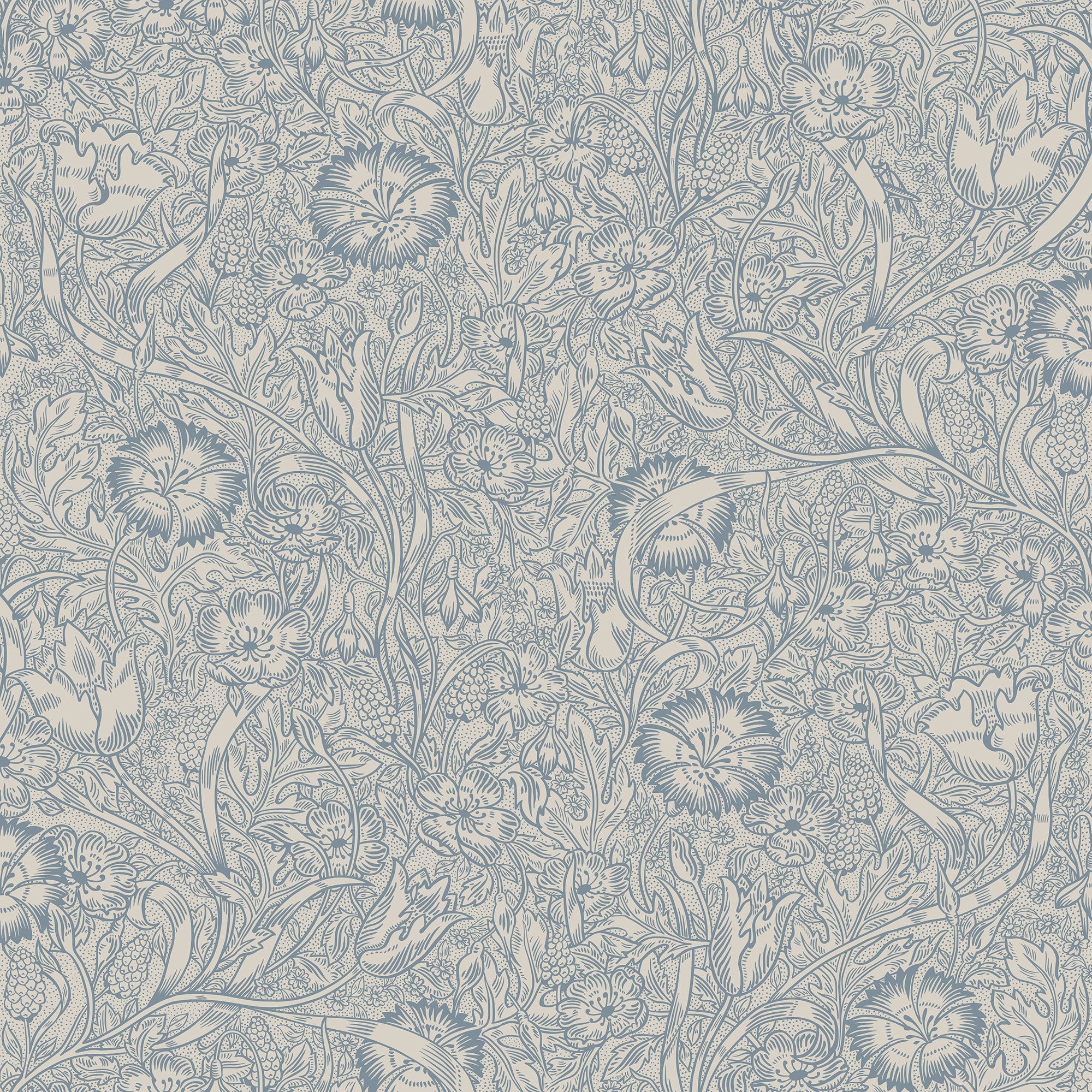 Caroline wallpaper by Sandberg, intricate dianthus and trailing floral pattern in slate blue on cream, flat roll swatch