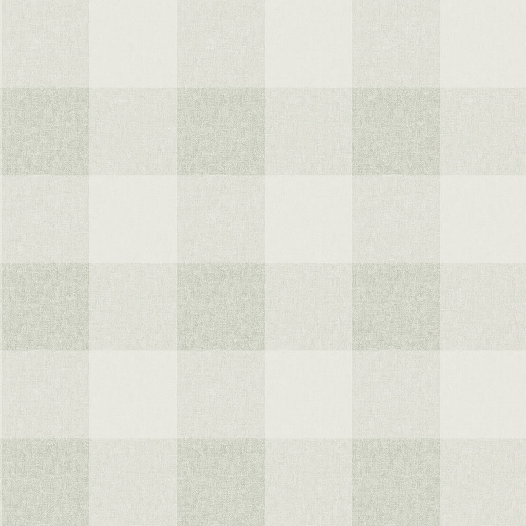 Lykke wallpaper by Sandberg in pale sage green, large buffalo-check plaid with linen texture, flat roll swatch