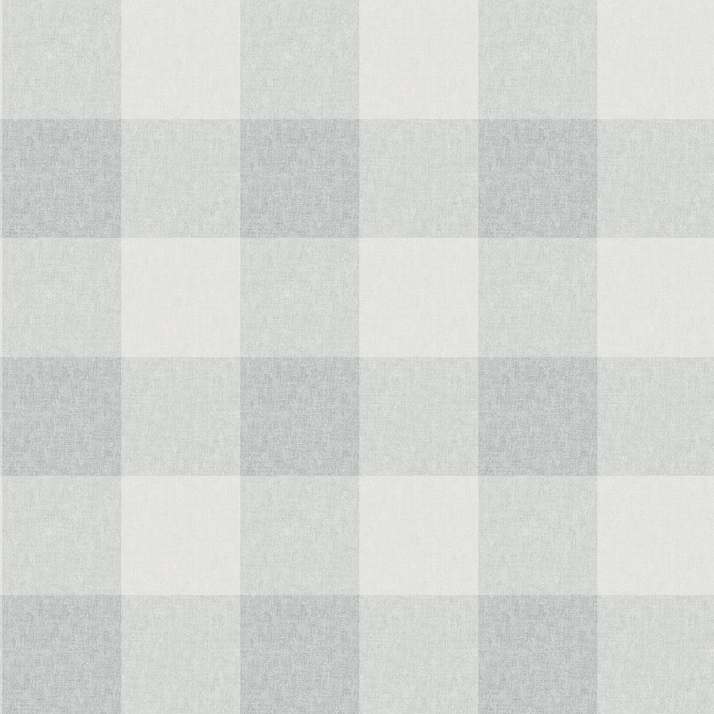 Lykke wallpaper by Sandberg in soft grey-blue, oversized buffalo-check plaid with linen texture, flat roll swatch