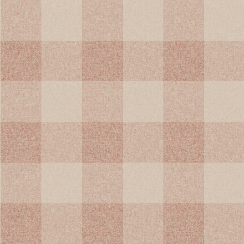 Lykke wallpaper by Sandberg in clay pink, oversized buffalo-check plaid with linen texture, flat roll swatch