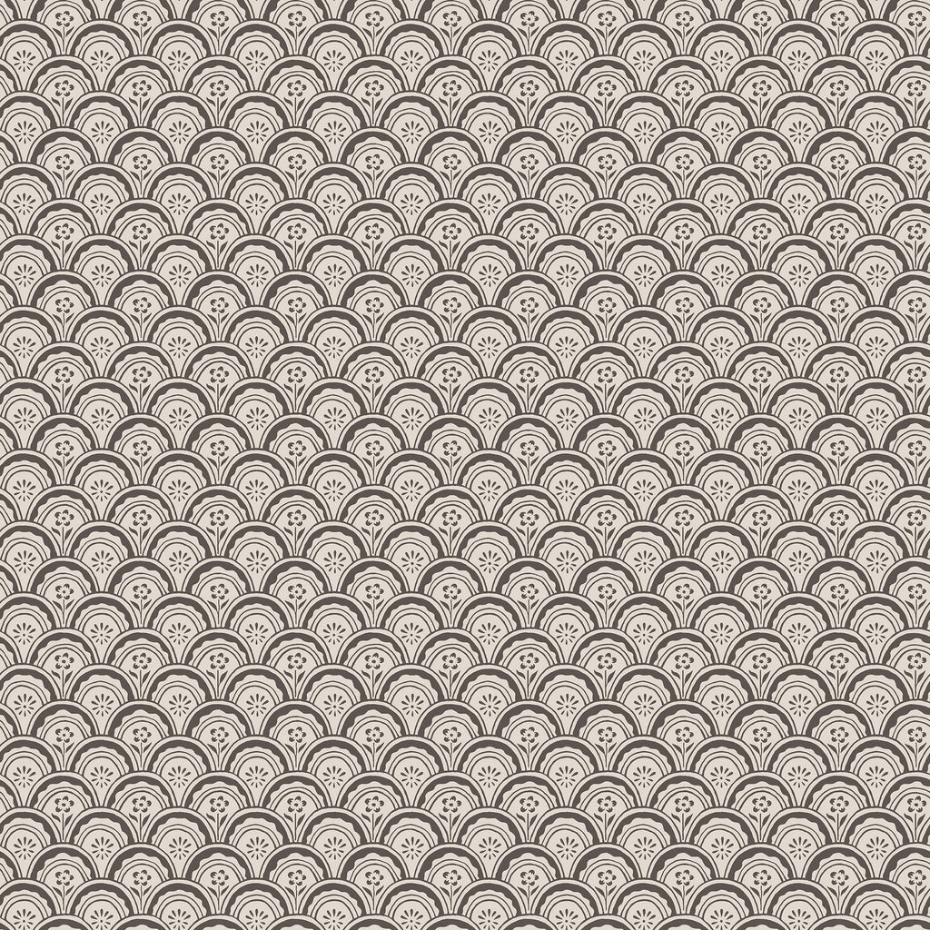 Beata wallpaper by Sandberg, flat swatch of a small Japanese-style scalloped fan and flower pattern in charcoal on a cream ground