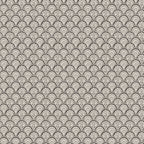 Beata wallpaper by Sandberg, flat swatch of a small Japanese-style scalloped fan and flower pattern in charcoal on a cream ground