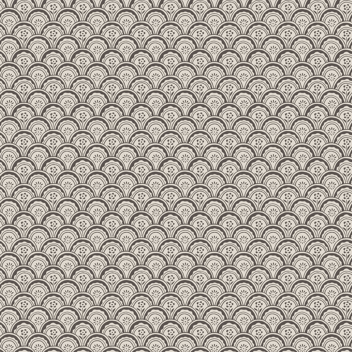 Beata wallpaper by Sandberg, flat swatch of a small Japanese-style scalloped fan and flower pattern in charcoal on a cream ground