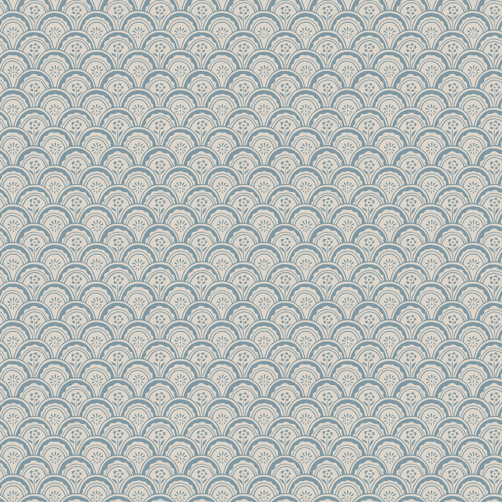 Beata wallpaper by Sandberg in blue, flat swatch of the scalloped fan-and-flower scallop pattern on a soft cream ground