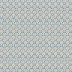 Beata wallpaper by Sandberg in blue, flat swatch of the scalloped fan-and-flower scallop pattern on a soft cream ground
