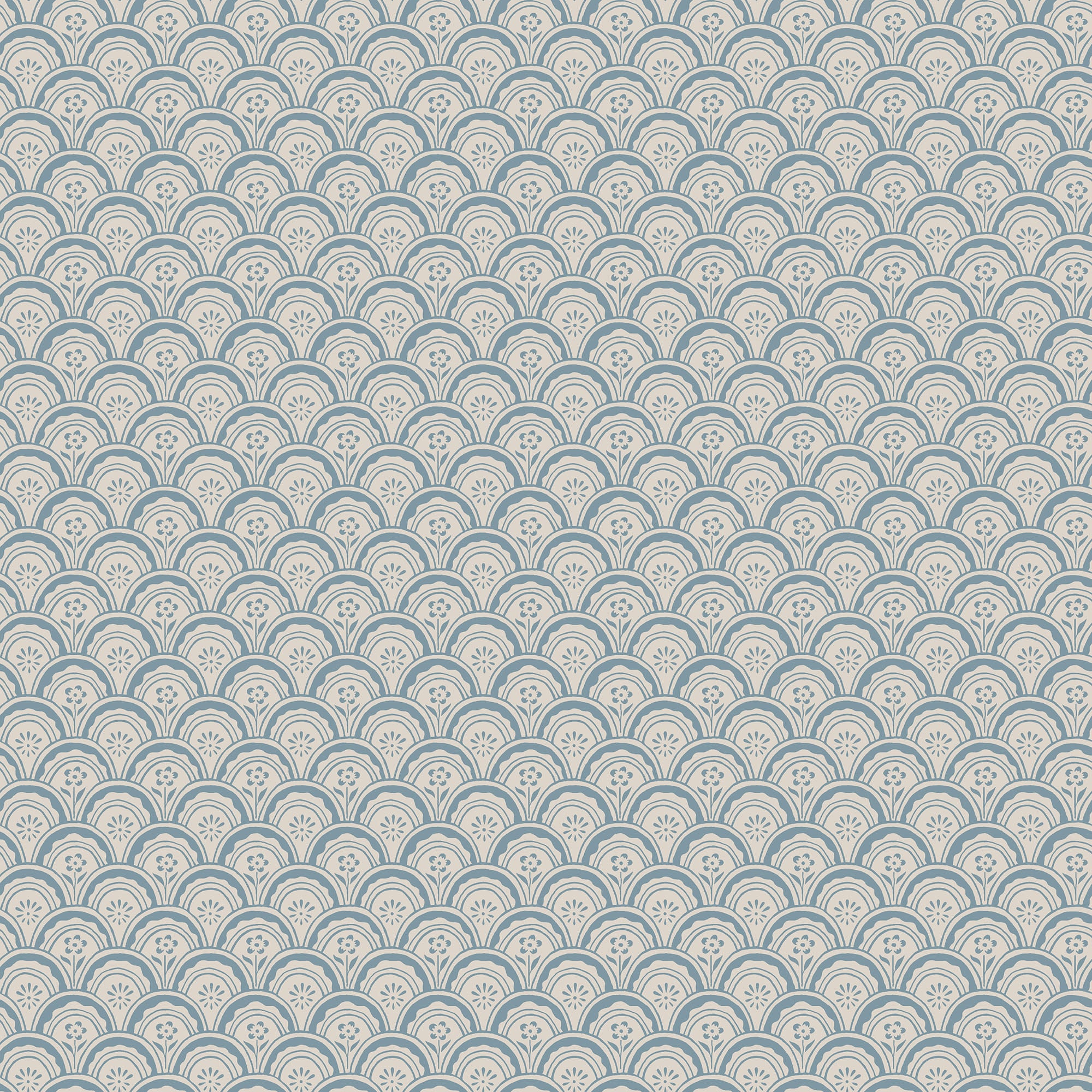 Beata wallpaper by Sandberg in blue, flat swatch of the scalloped fan-and-flower scallop pattern on a soft cream ground