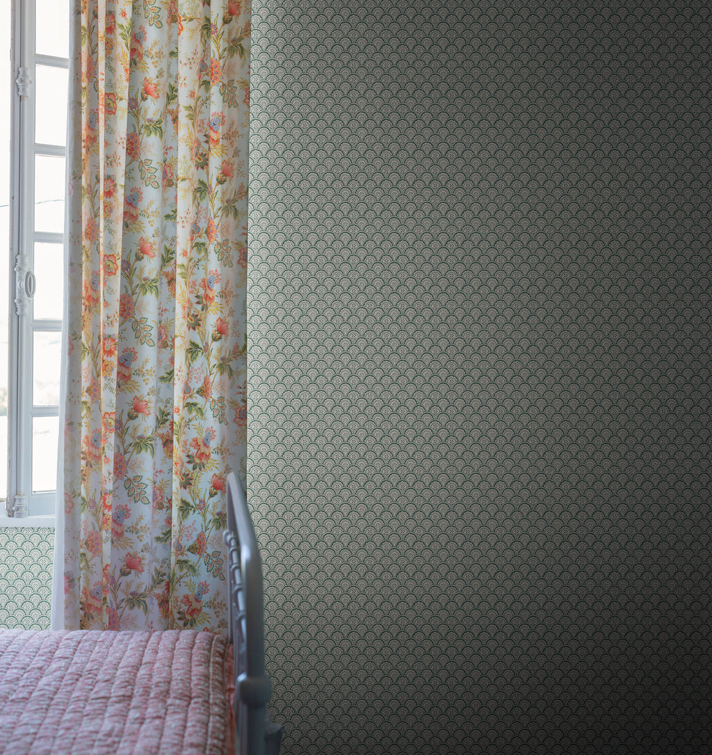 Beata wallpaper by Sandberg in Moss Green, styled on an interior wall