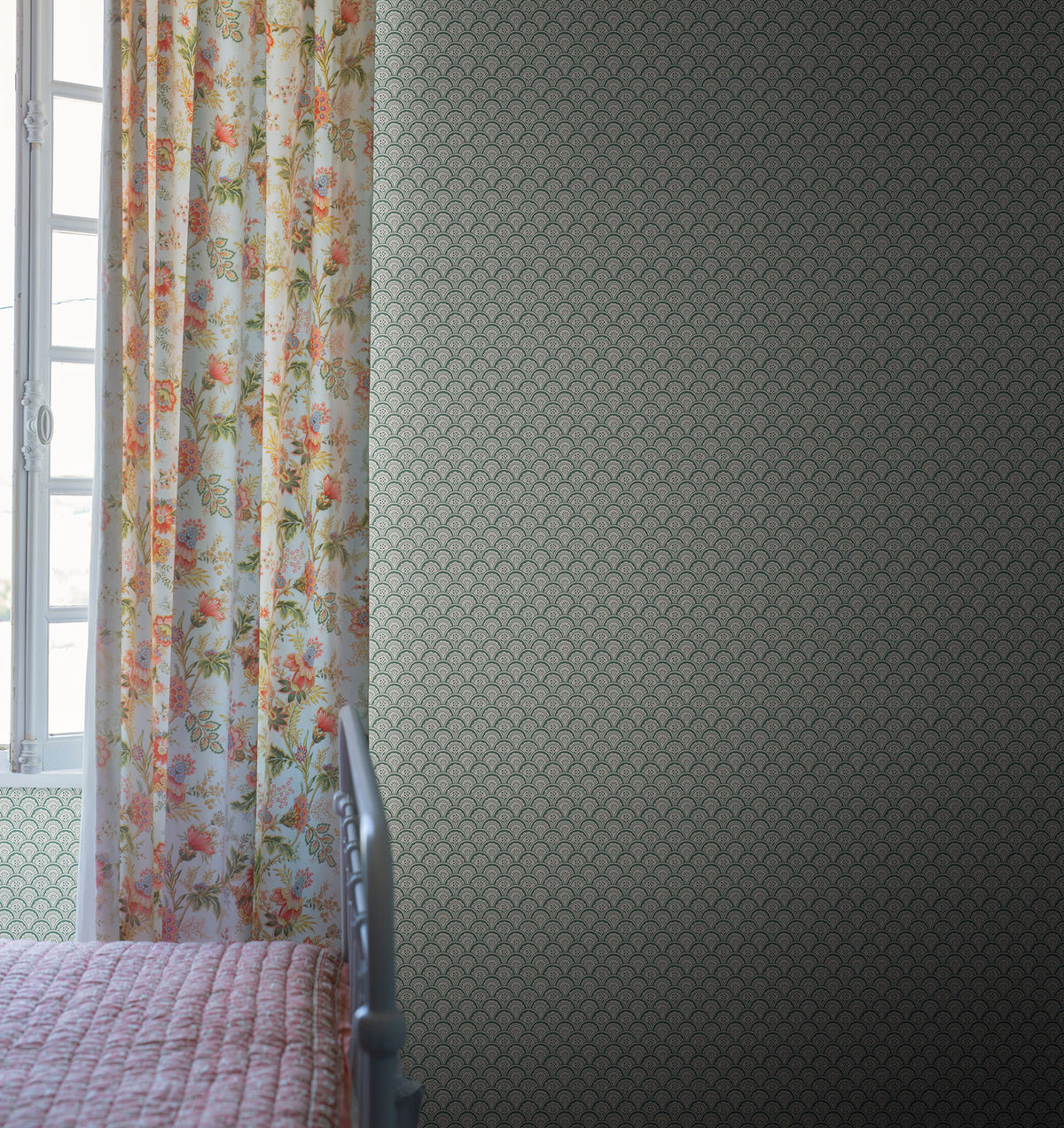 Beata wallpaper by Sandberg in Moss Green, styled on an interior wall