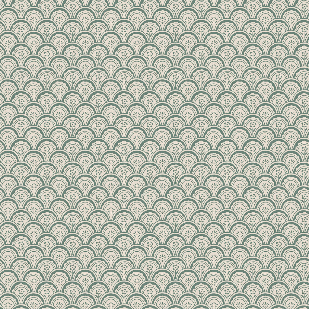 Beata wallpaper by Sandberg in green, flat swatch of the small scalloped fan-shell motif on a creamy white ground