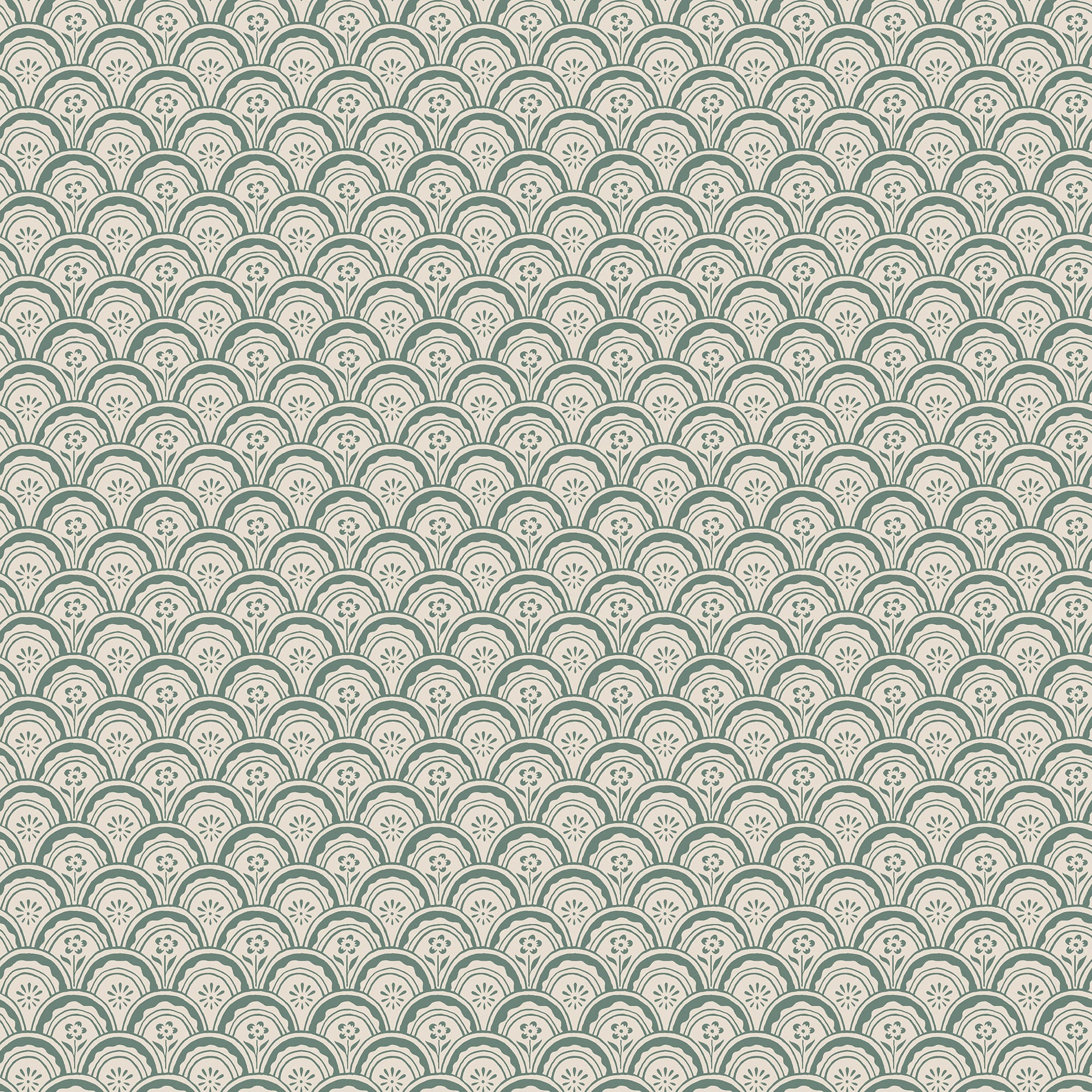 Beata wallpaper by Sandberg in green, flat swatch of the small scalloped fan-shell motif on a creamy white ground