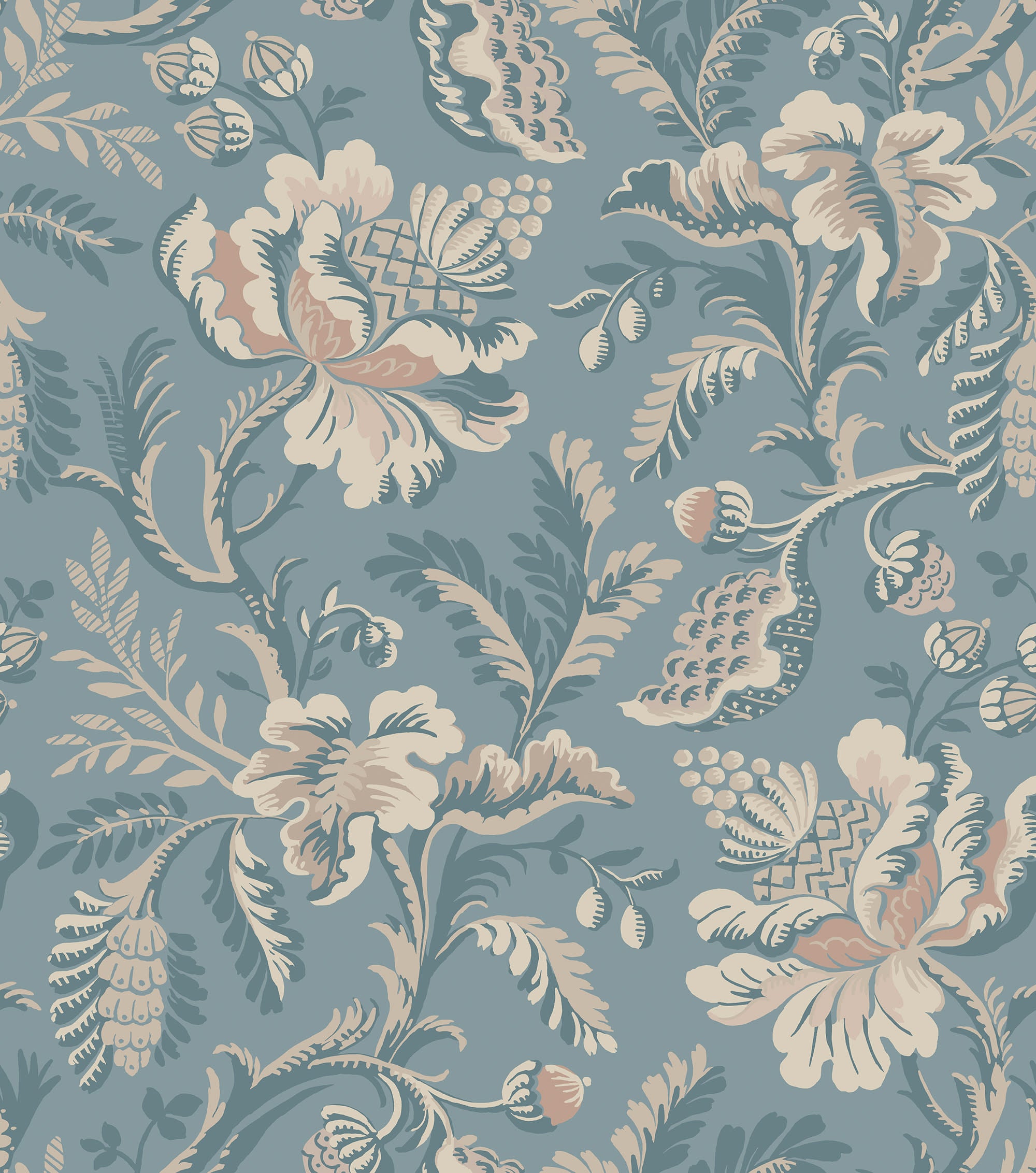 Daphne wallpaper by Sandberg, flat swatch of a jacobean floral in cream and blush on dusty blue