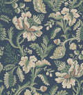 Daphne wallpaper by Sandberg, flat swatch of a large jacobean floral in green and blush on navy