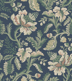 Daphne wallpaper by Sandberg, flat swatch of a large jacobean floral in green and blush on navy