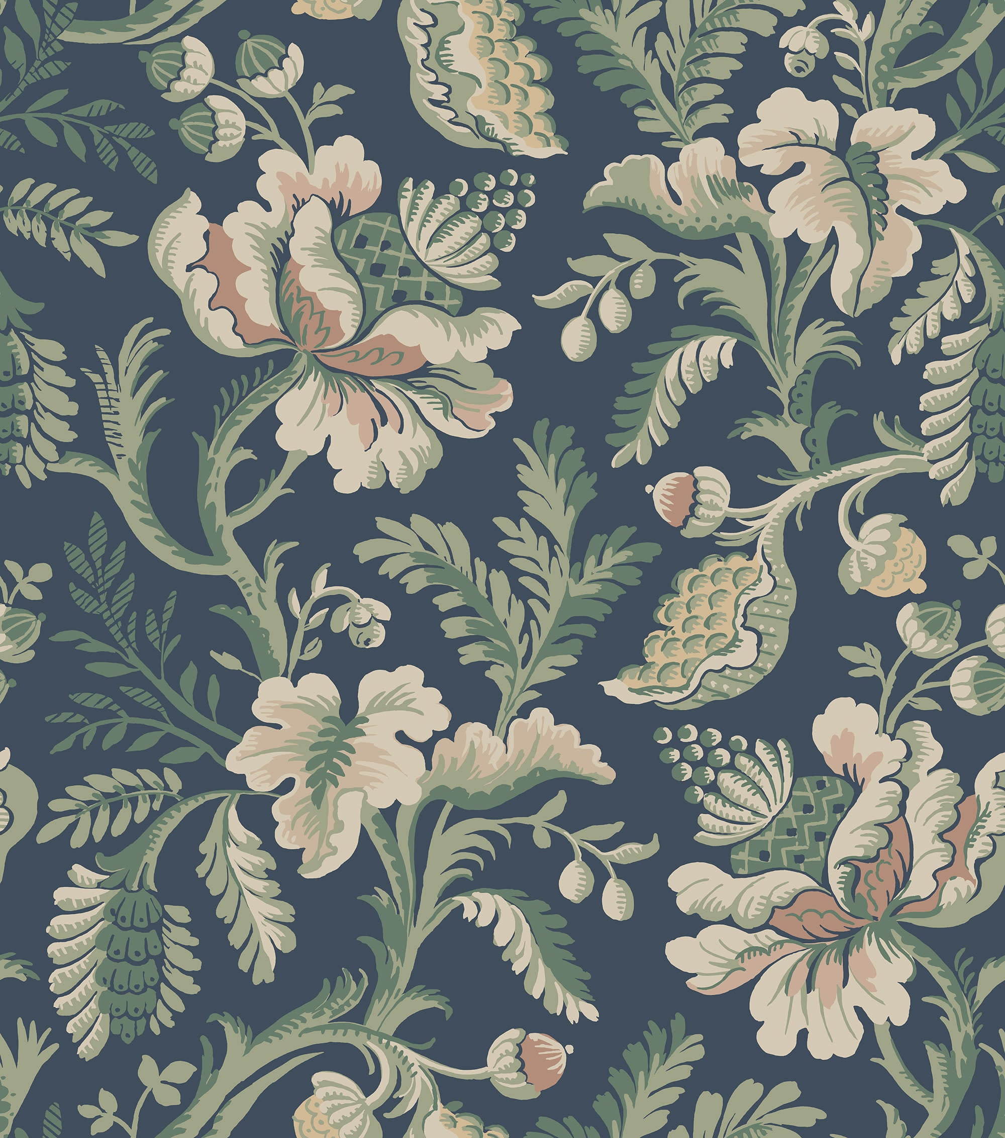 Daphne wallpaper by Sandberg, flat swatch of a large jacobean floral in green and blush on navy