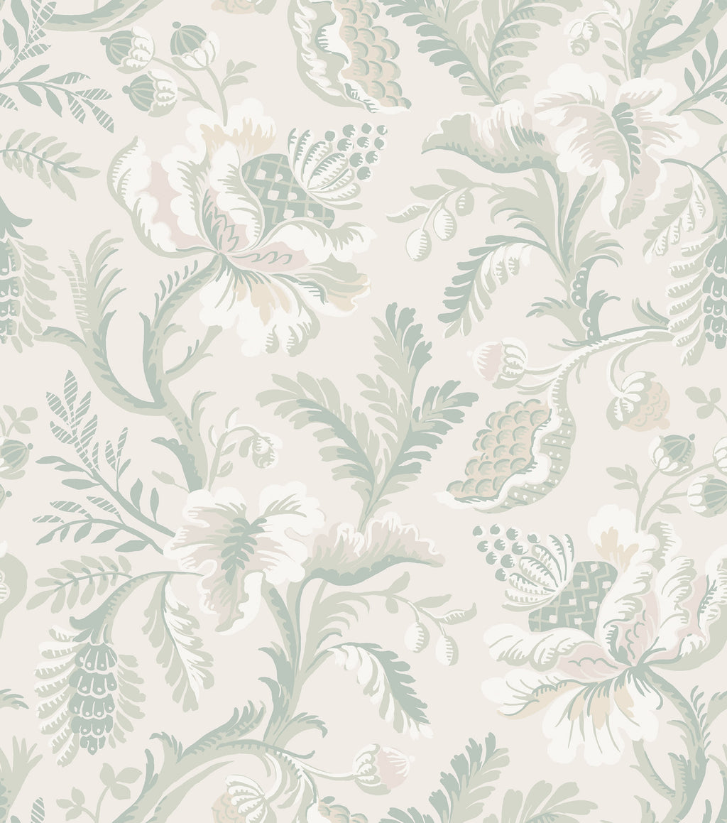 Daphne wallpaper by Sandberg, flat swatch of a soft sage and cream jacobean floral on ivory