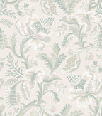 Daphne wallpaper by Sandberg, flat swatch of a soft sage and cream jacobean floral on ivory