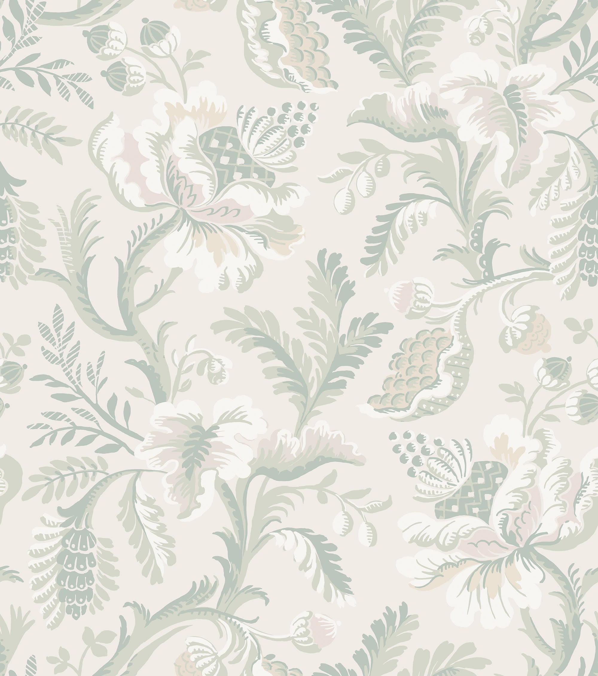 Daphne wallpaper by Sandberg, flat swatch of a soft sage and cream jacobean floral on ivory