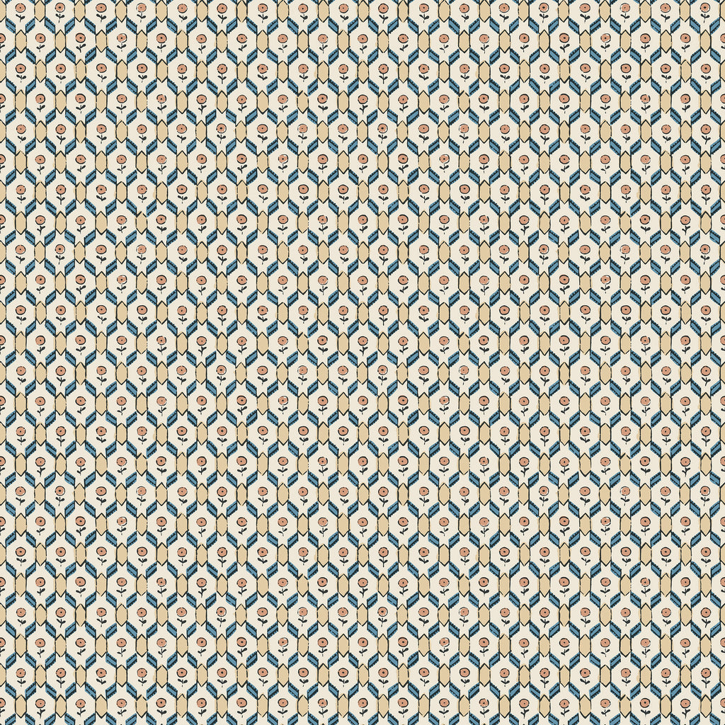 Hugo wallpaper by Sandberg, petite blue florals in a golden trellis on cream, flat swatch