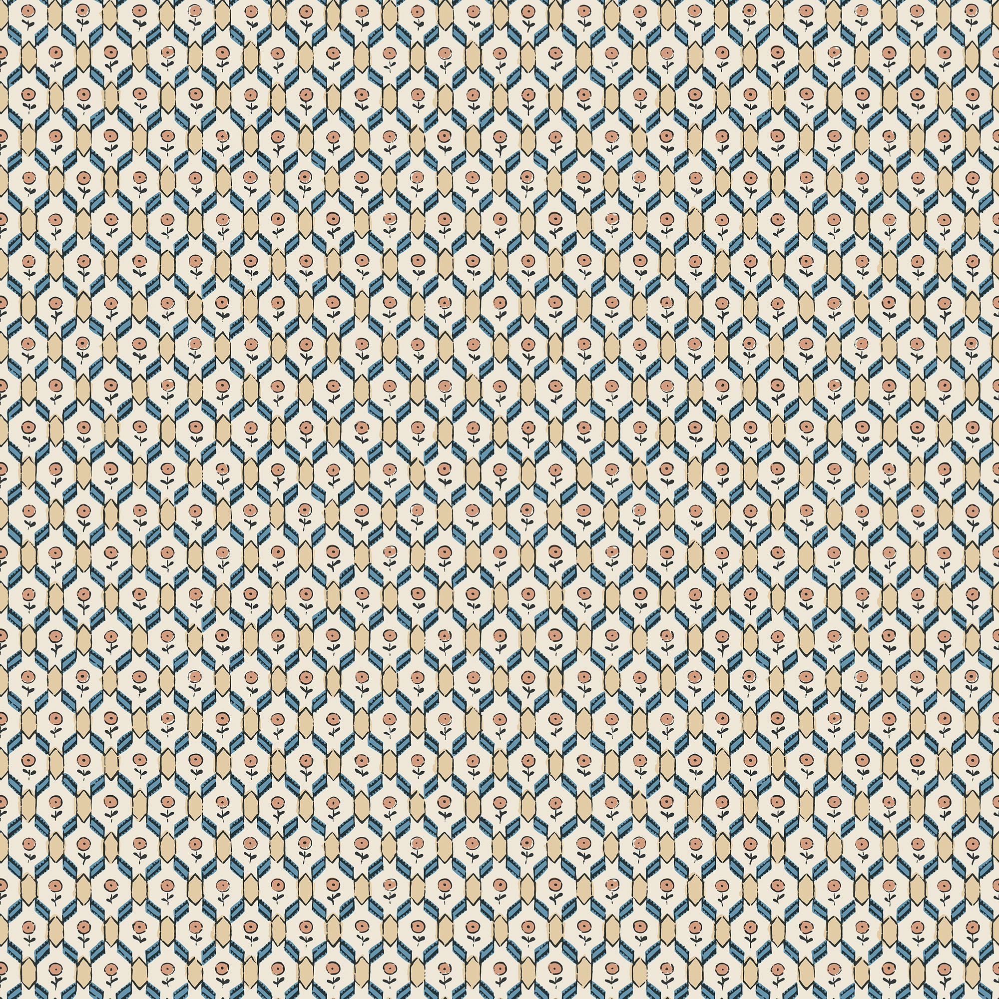 Hugo wallpaper by Sandberg, petite blue florals in a golden trellis on cream, flat swatch
