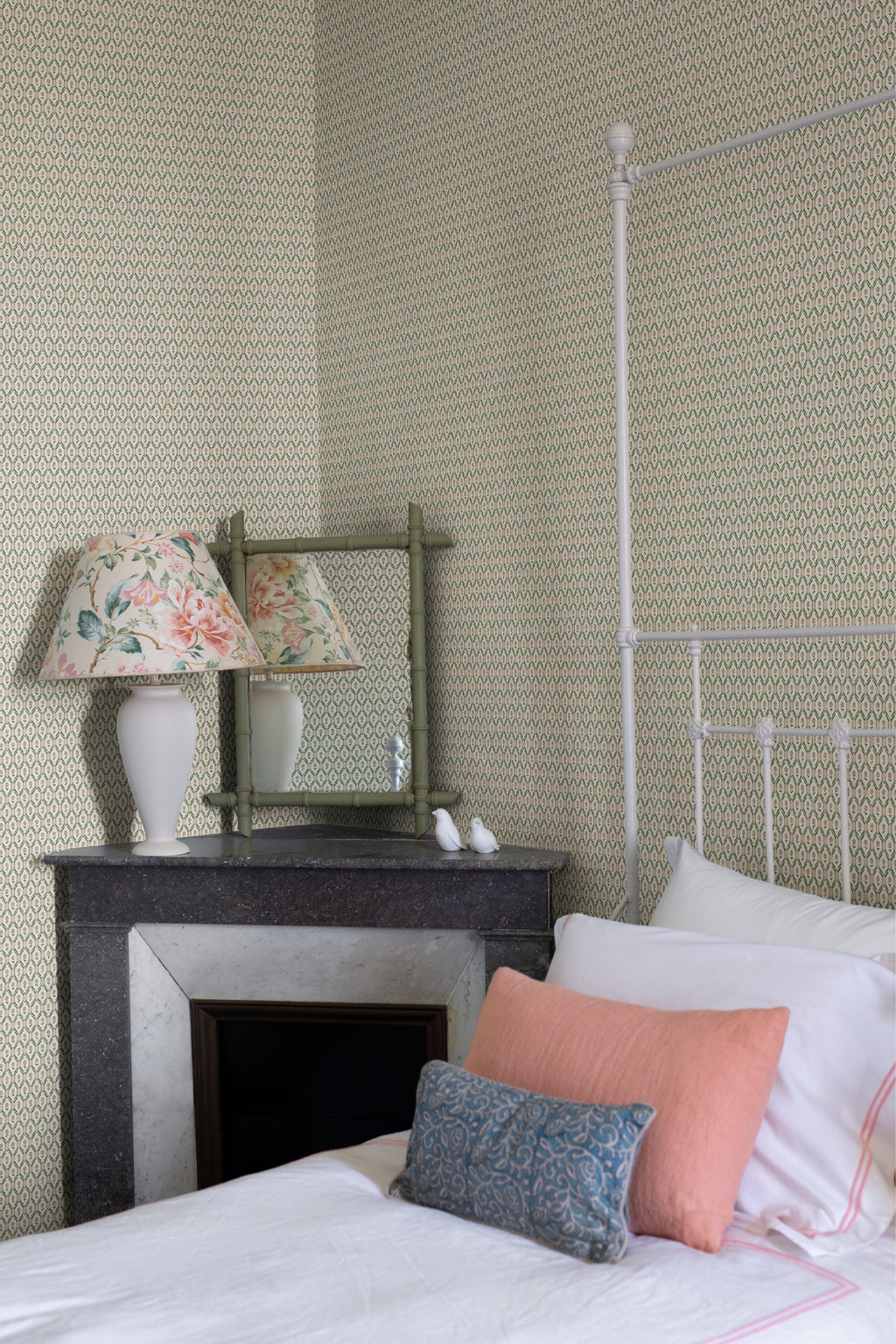 Hugo wallpaper by Sandberg in Oat, styled on an interior wall