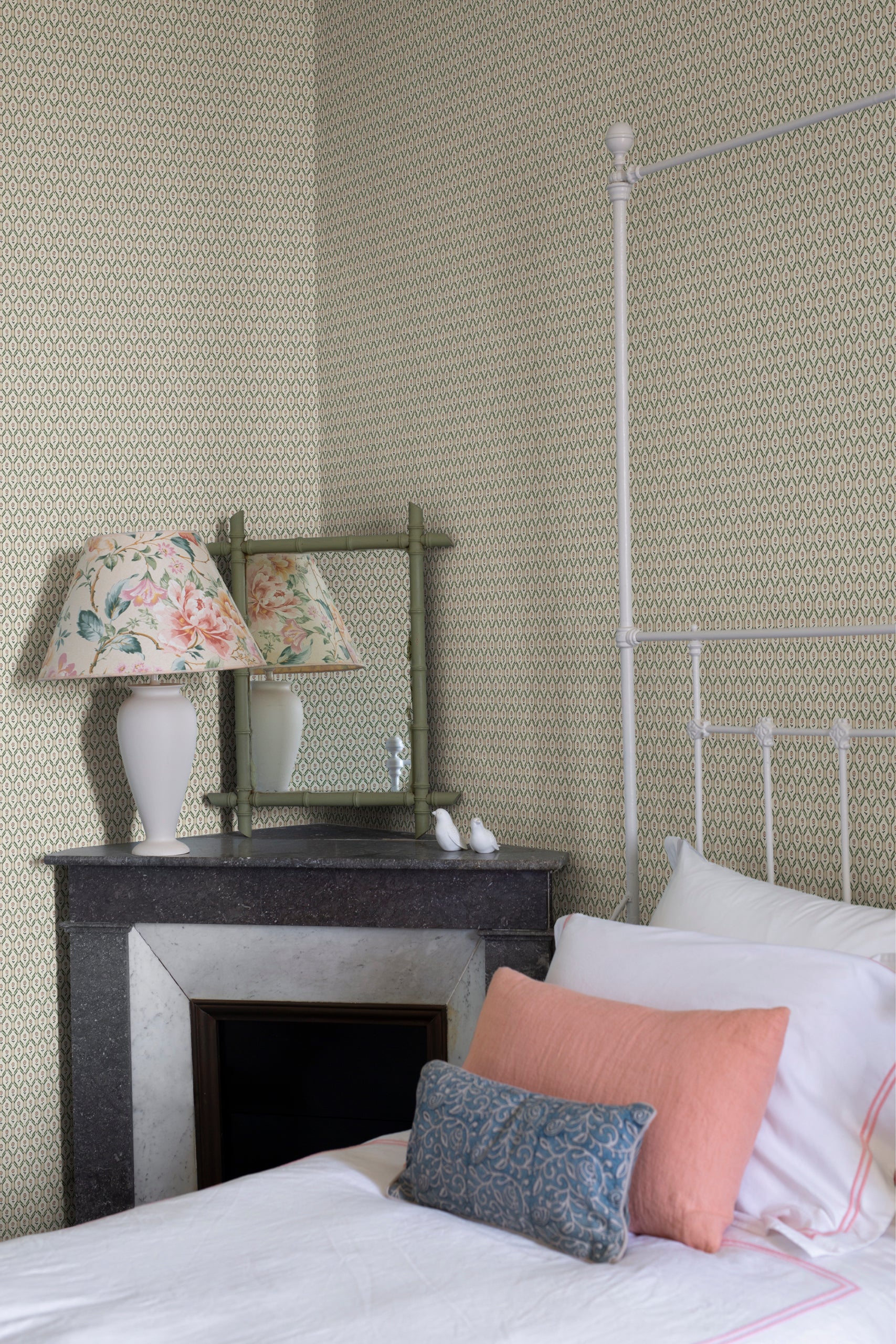 Hugo wallpaper by Sandberg in Oat, styled on an interior wall