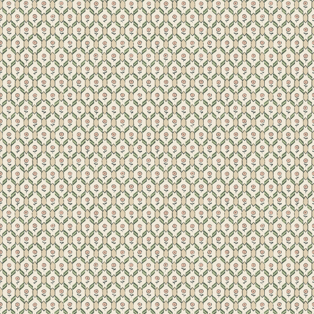 Hugo wallpaper by Sandberg, small pink buds in a green trellis on cream, flat swatch