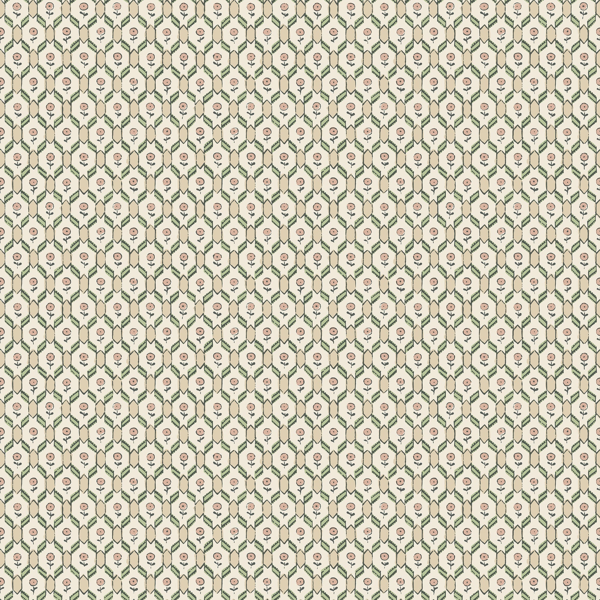 Hugo wallpaper by Sandberg, small pink buds in a green trellis on cream, flat swatch