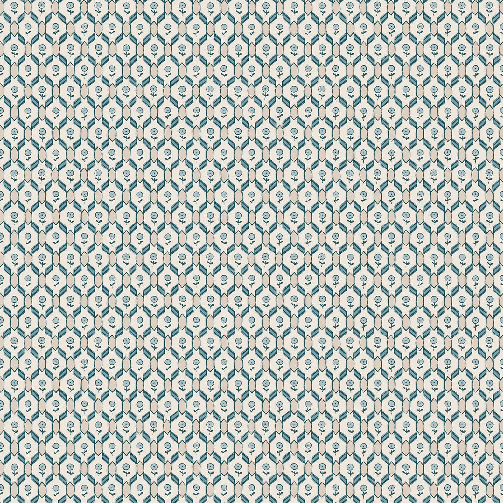 Hugo wallpaper by Sandberg, tiny tulip motifs in a teal-blue trellis on cream, flat swatch