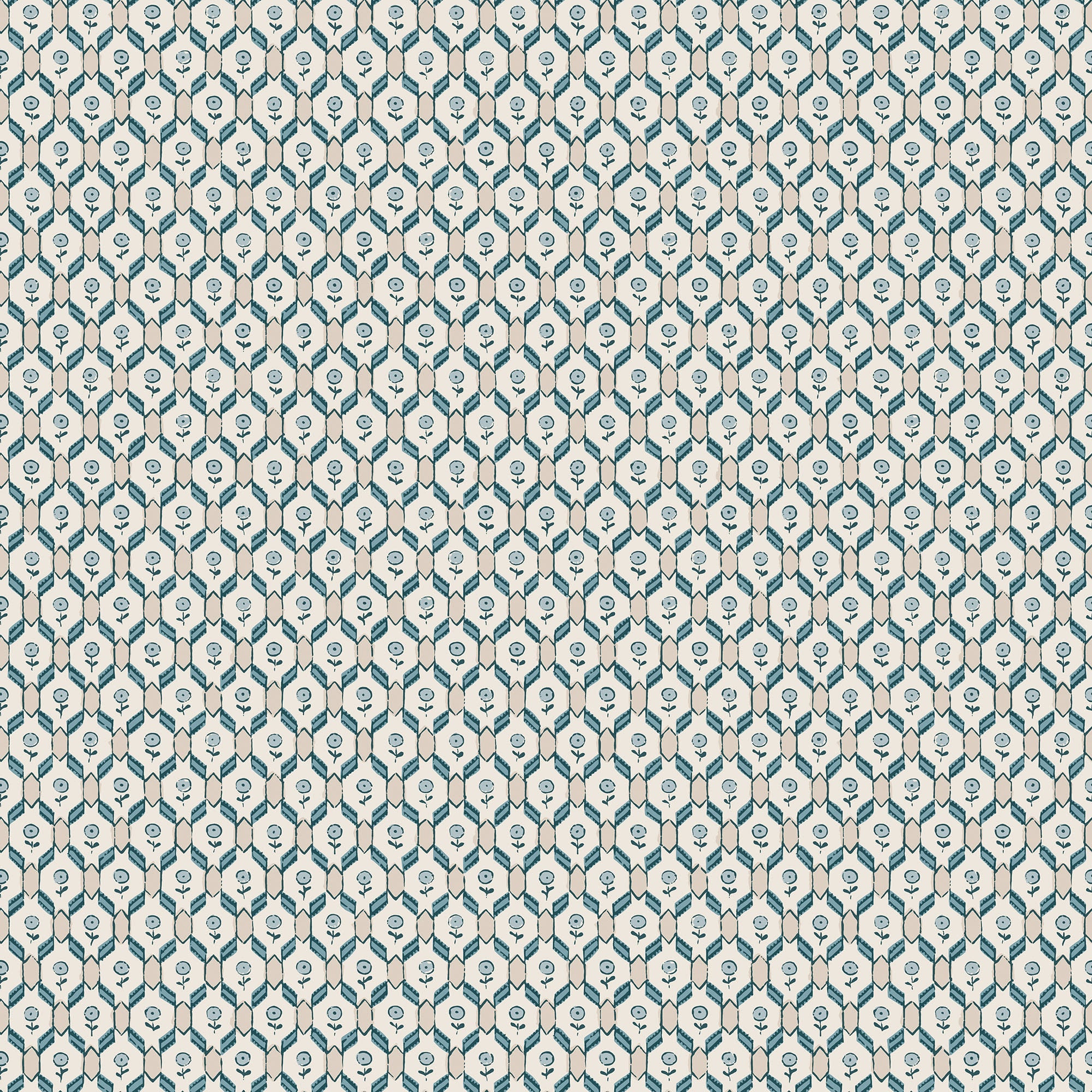 Hugo wallpaper by Sandberg, tiny tulip motifs in a teal-blue trellis on cream, flat swatch