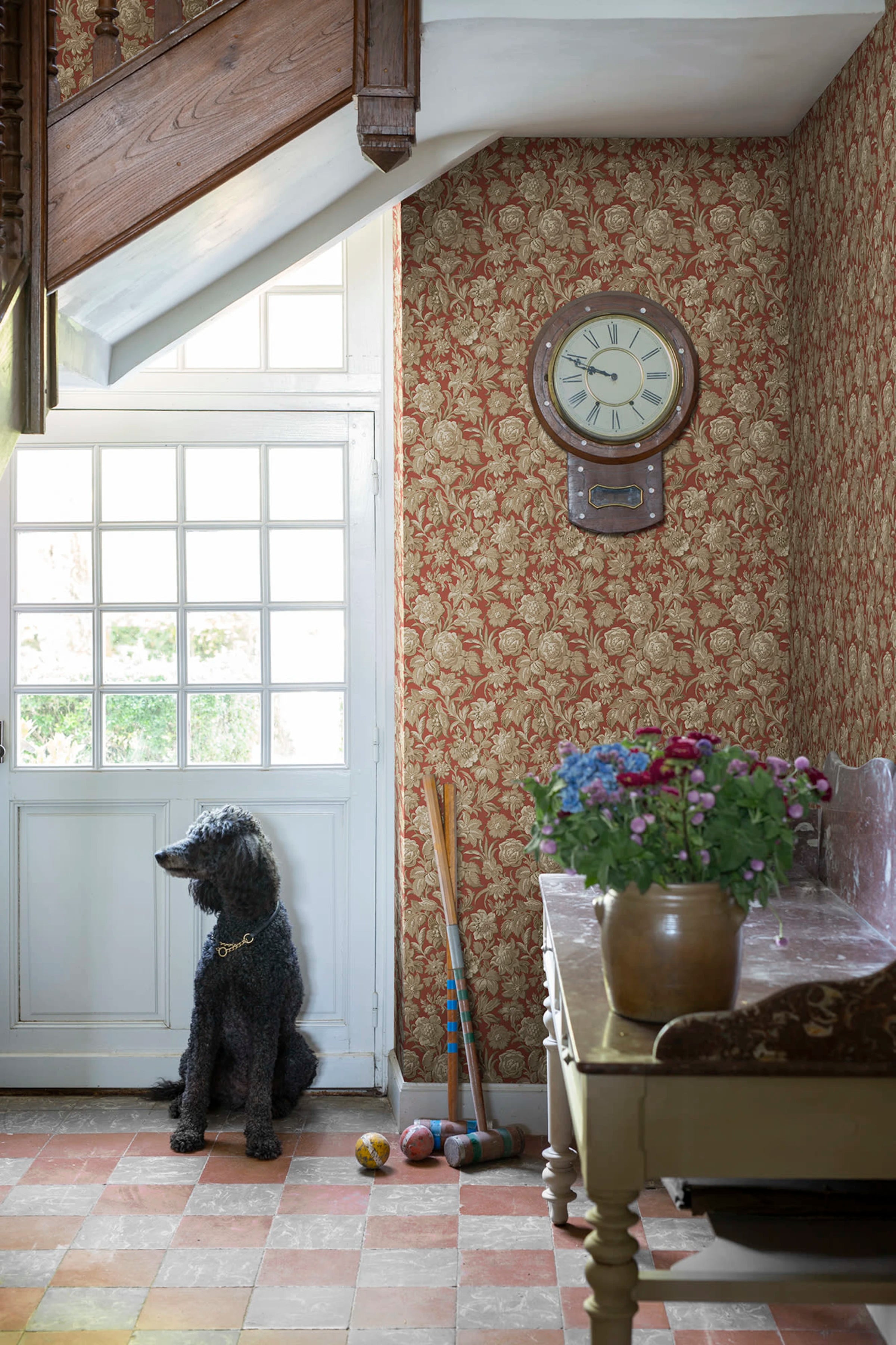 Valentin wallpaper by Sandberg – Red – Ruby Red colourway, styled on an interior wall