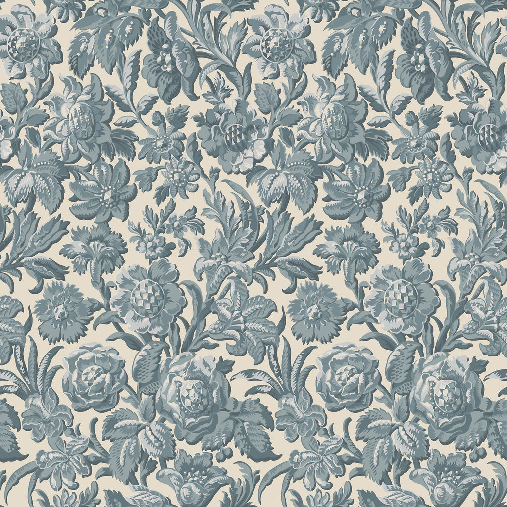 Valentin wallpaper by Sandberg, flat swatch of a blue-grey damask floral on cream