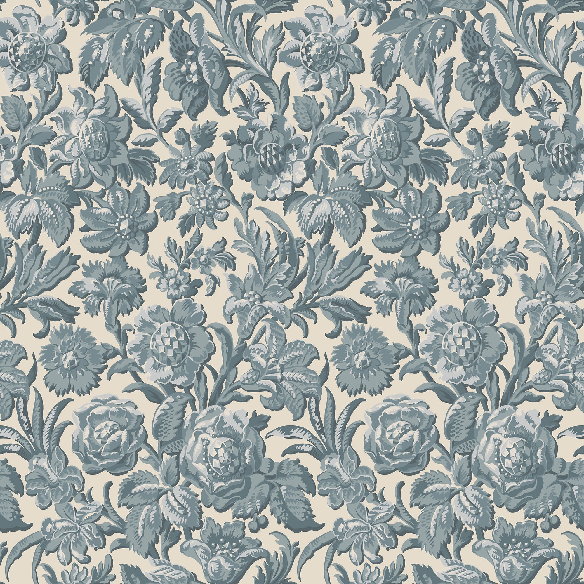 Valentin wallpaper by Sandberg, flat swatch of a blue-grey damask floral on cream