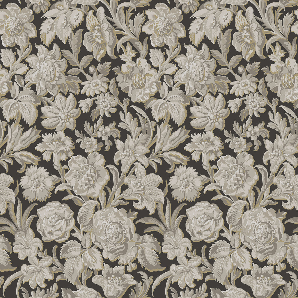Valentin wallpaper by Sandberg, flat swatch of a dense damask floral in grey and taupe on charcoal