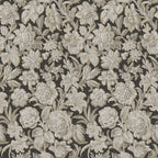 Valentin wallpaper by Sandberg, flat swatch of a dense damask floral in grey and taupe on charcoal