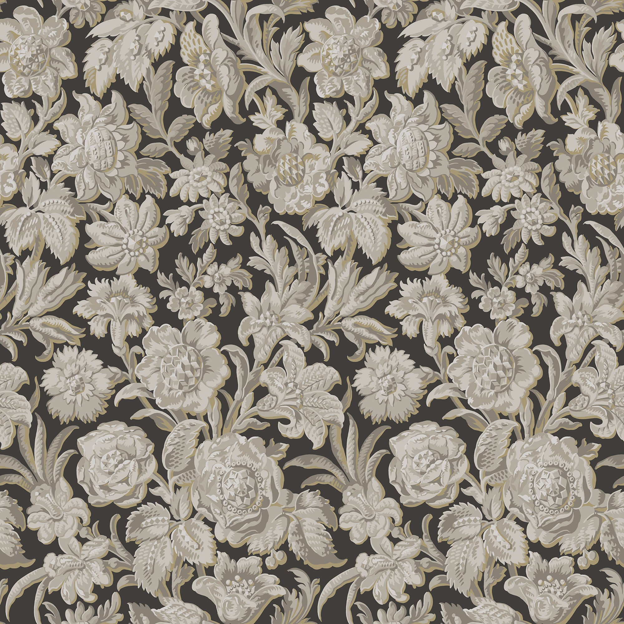 Valentin wallpaper by Sandberg, flat swatch of a dense damask floral in grey and taupe on charcoal