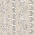 Alexandra wallpaper by Sandberg, flat swatch of floral bouquet and ribbon stripes in taupe on warm beige