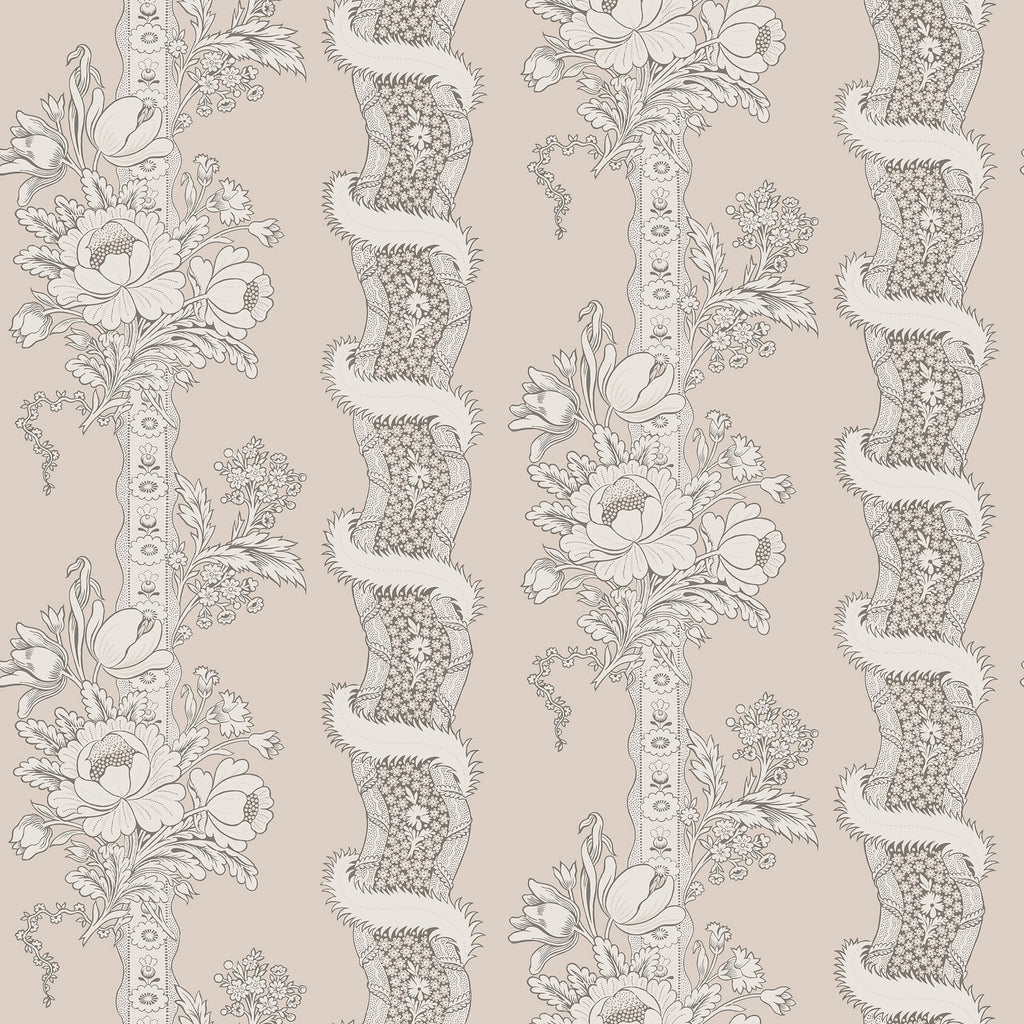 Alexandra wallpaper by Sandberg, flat swatch of floral bouquet and ribbon stripes in taupe on warm beige