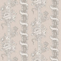 Alexandra wallpaper by Sandberg, flat swatch of floral bouquet and ribbon stripes in taupe on warm beige