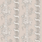Alexandra wallpaper by Sandberg, flat swatch of floral bouquet and ribbon stripes in taupe on warm beige