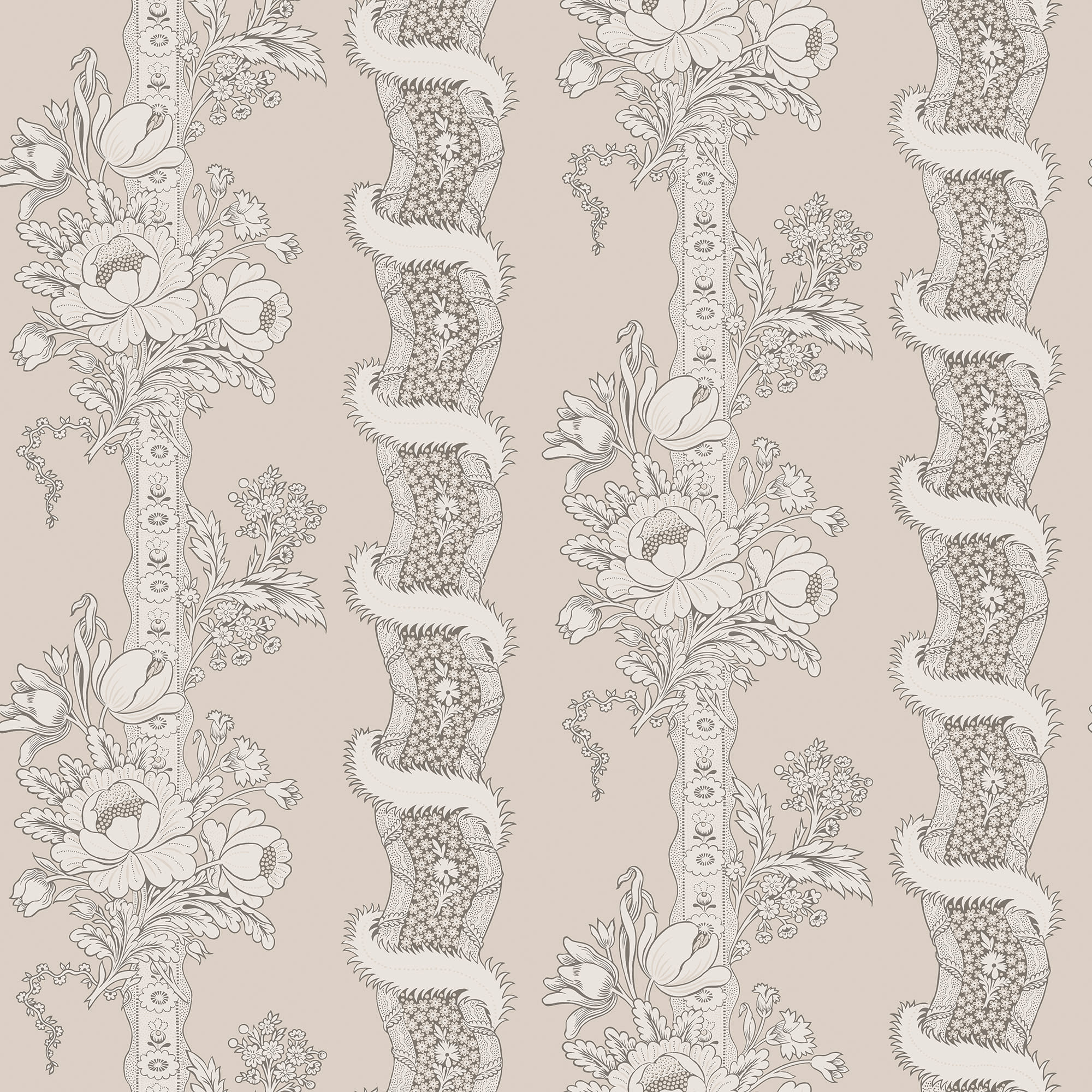 Alexandra wallpaper by Sandberg, flat swatch of floral bouquet and ribbon stripes in taupe on warm beige