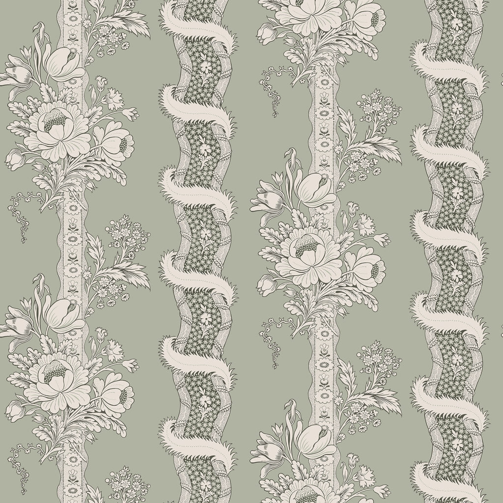 Alexandra wallpaper by Sandberg, flat swatch of floral bouquet and ribbon stripes in cream on sage green
