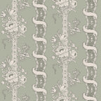 Alexandra wallpaper by Sandberg, flat swatch of floral bouquet and ribbon stripes in cream on sage green