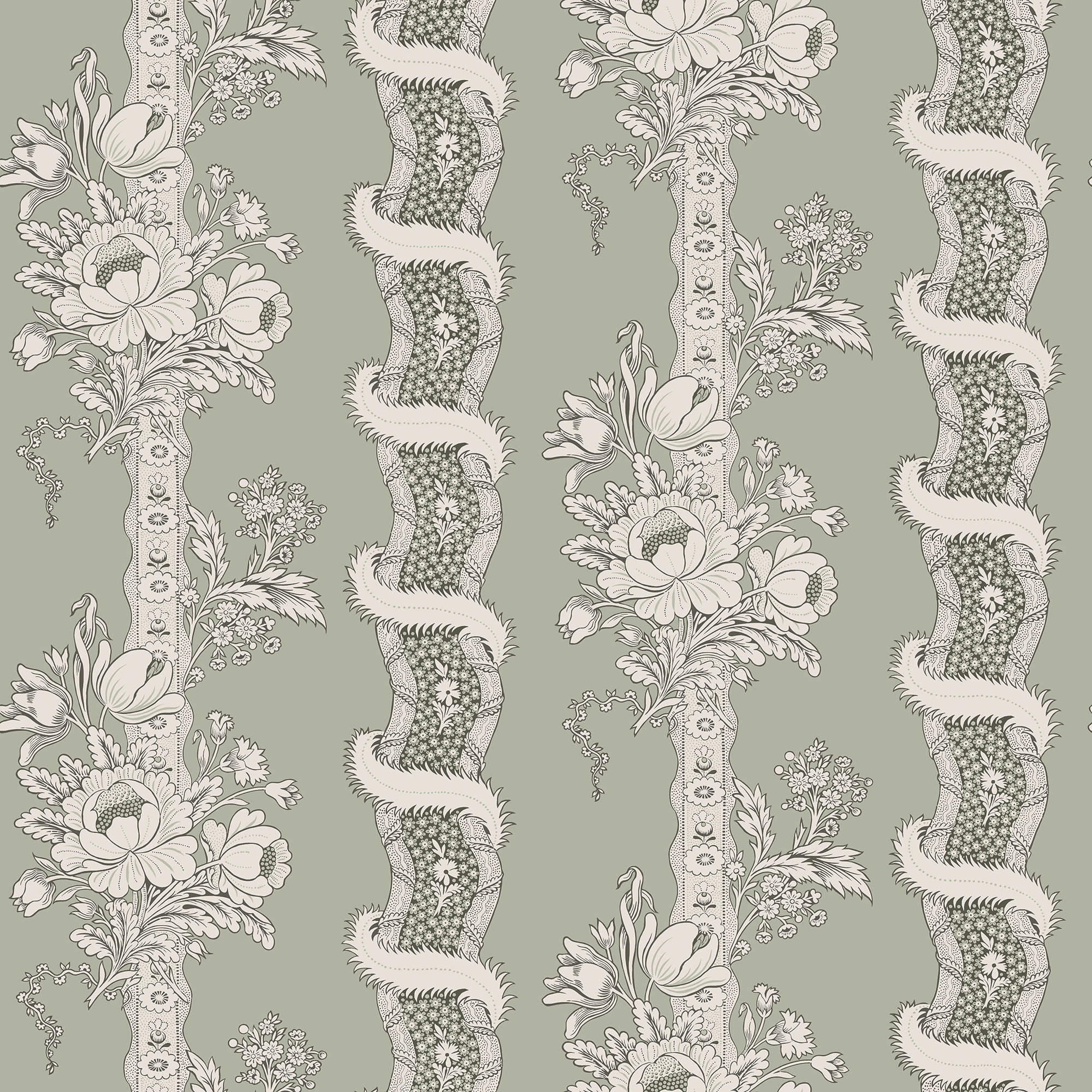 Alexandra wallpaper by Sandberg, flat swatch of floral bouquet and ribbon stripes in cream on sage green