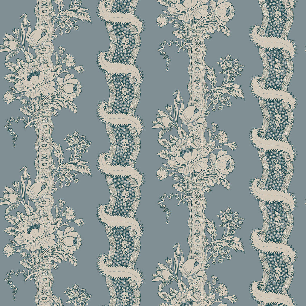 Alexandra wallpaper by Sandberg, flat swatch of floral bouquet and ribbon stripes in cream on dusty blue