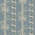 Alexandra wallpaper by Sandberg, flat swatch of floral bouquet and ribbon stripes in cream on dusty blue