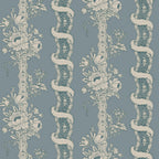 Alexandra wallpaper by Sandberg, flat swatch of floral bouquet and ribbon stripes in cream on dusty blue